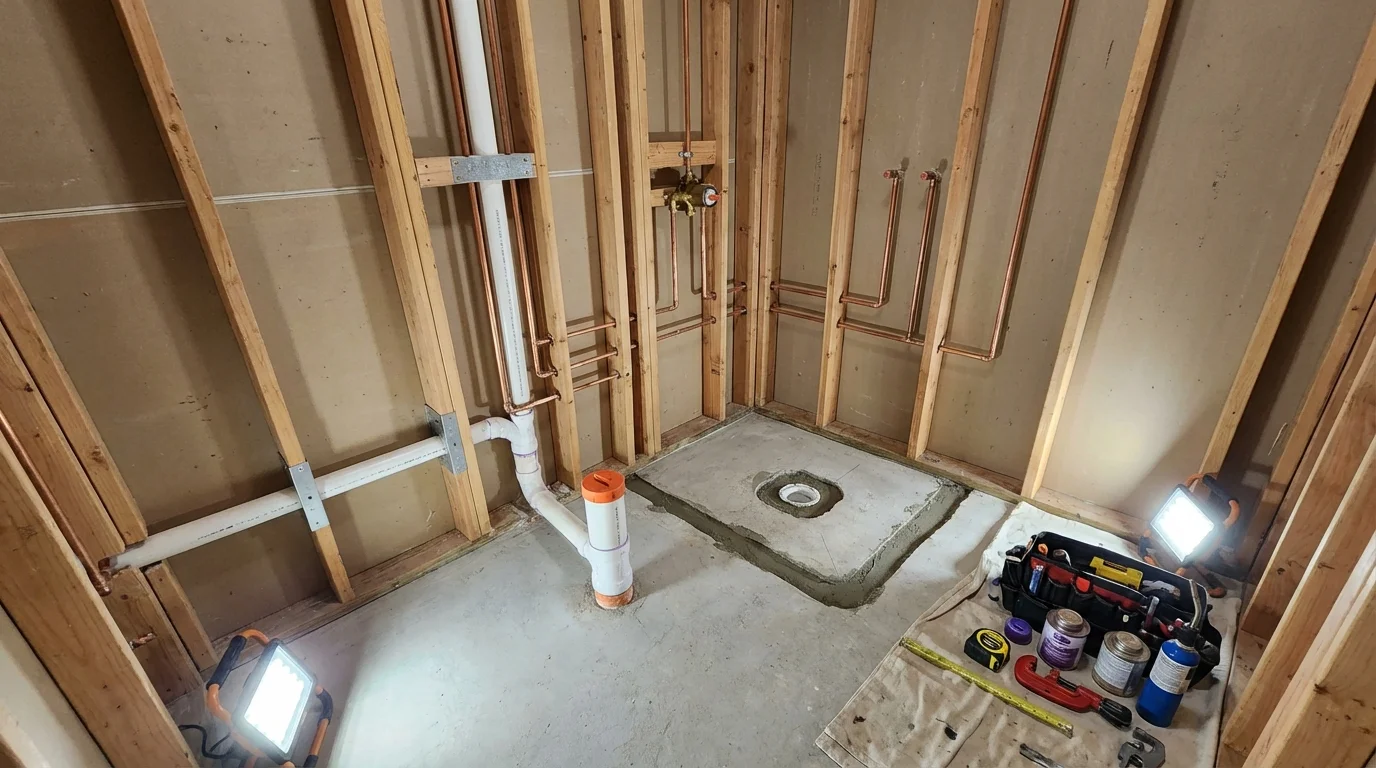 Bathroom rough-in plumbing during remodel by Johns Plumbing LLC in Twin City