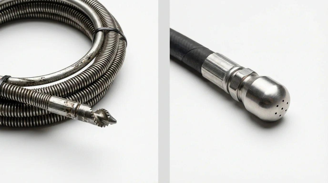 Drain snake cable and hydro jetting nozzle used for drain cleaning in Twin City, GA
