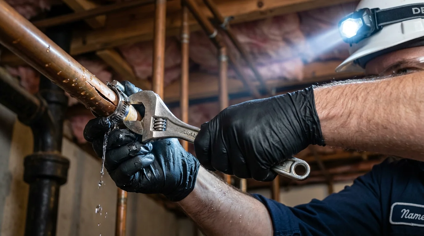 Emergency pipe clamp repair being performed by a Johns Plumbing LLC plumber in Twin City