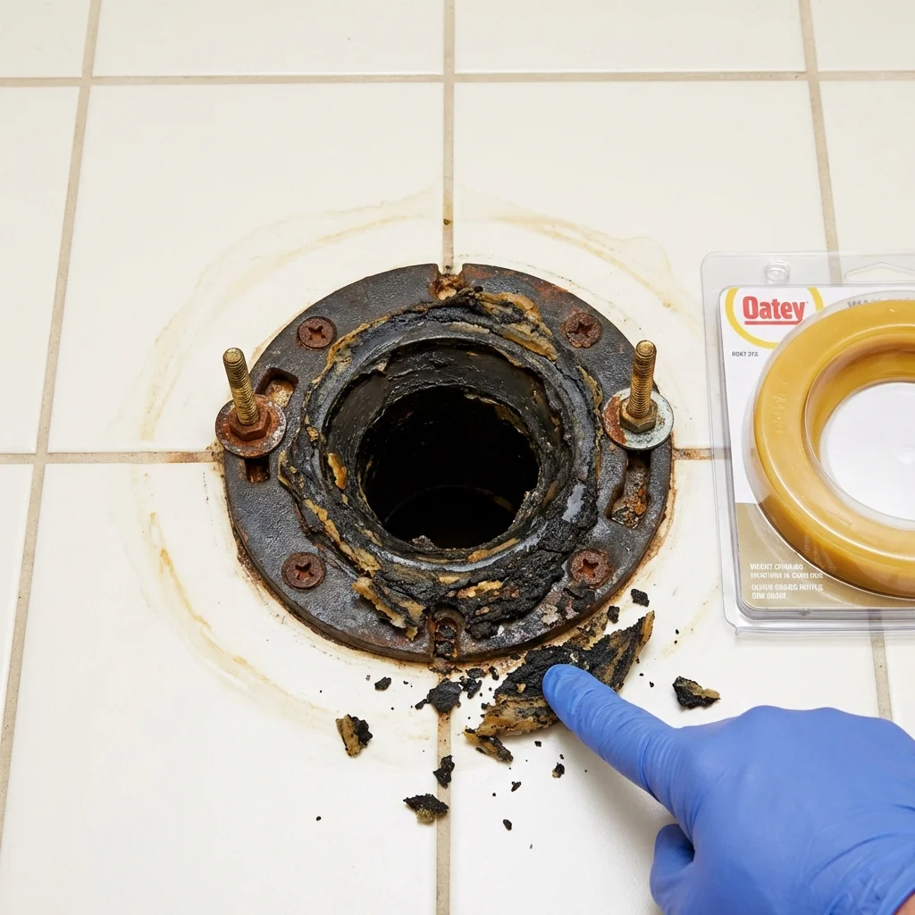 Failed wax ring showing water seepage at the base of a toilet in a Twin City, GA home