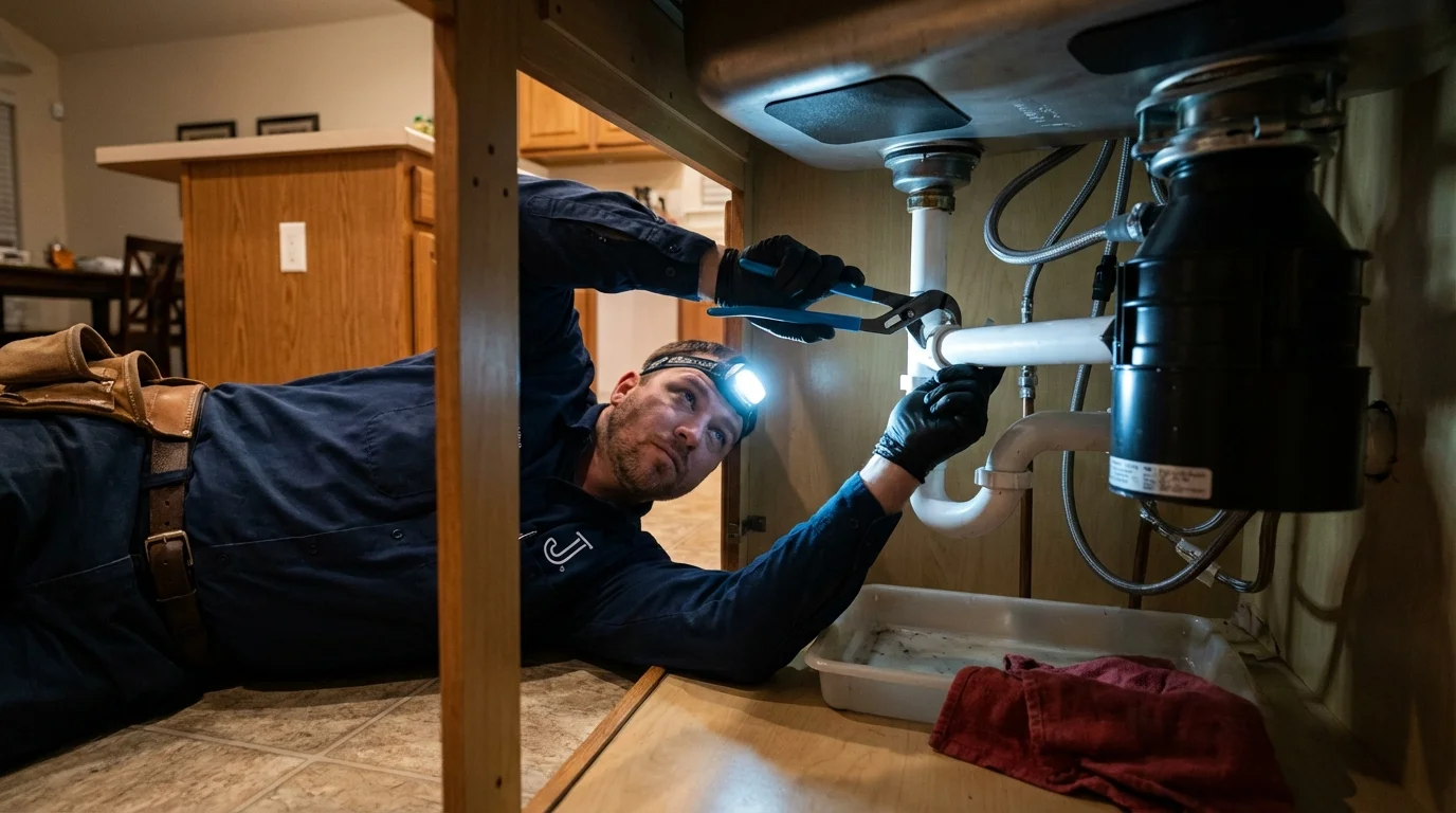 P-trap and supply line connections under a kitchen sink showing a common leak point in Twin City, GA